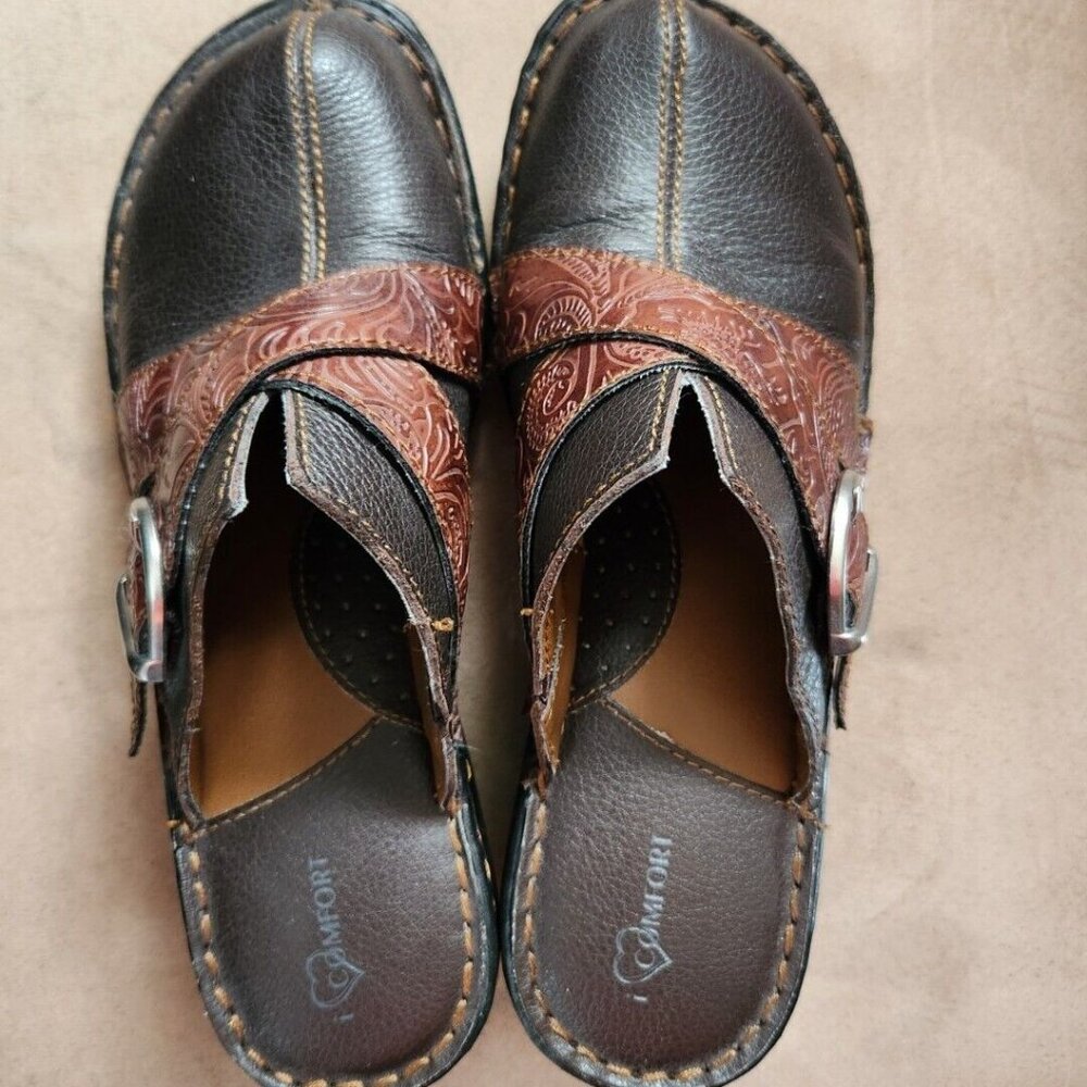 I Love Comfort Dharma Brown Floral Leather Buckle Wedge Clog Shoes Womens 7